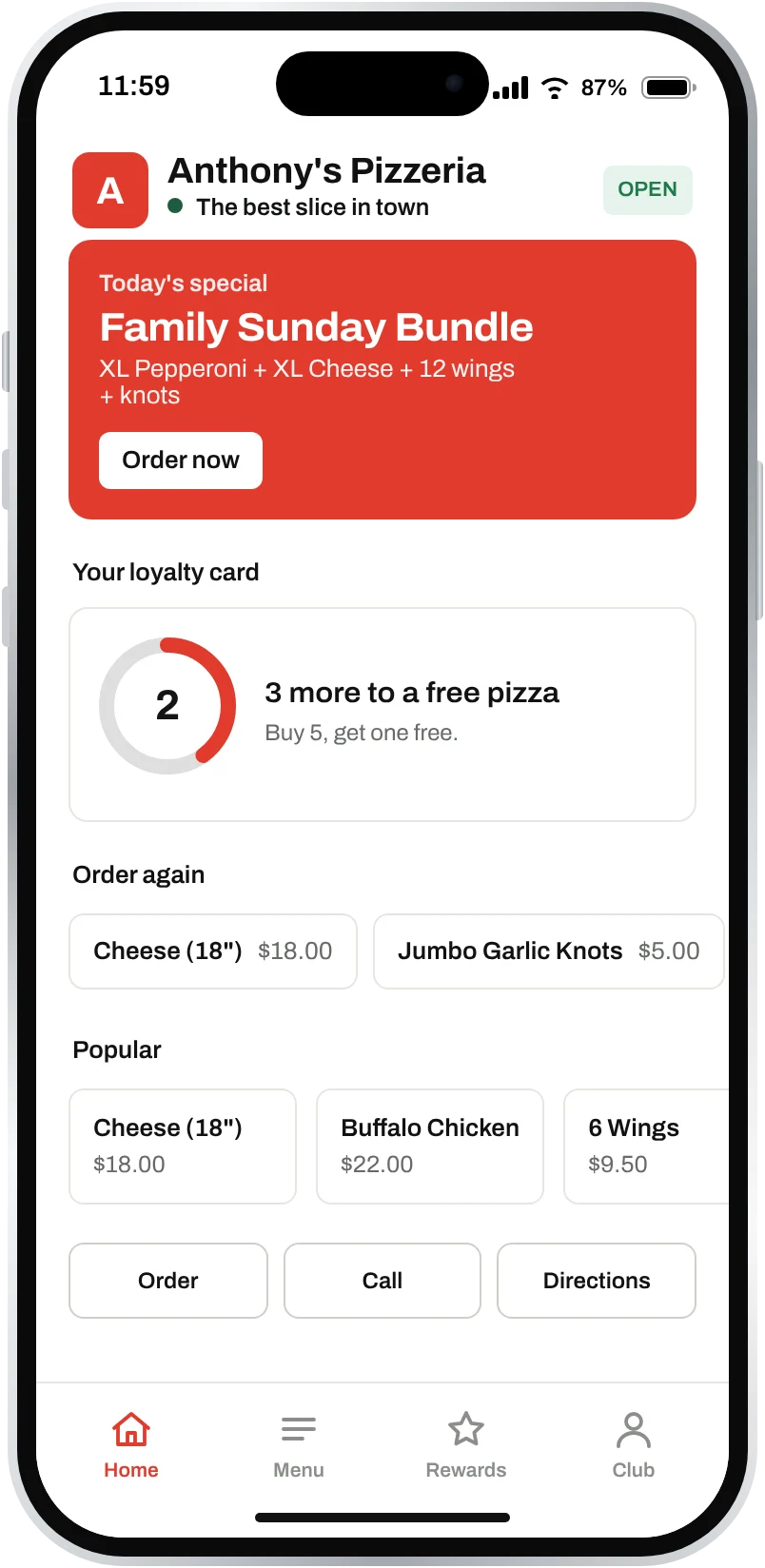 Anthony's Pizzeria app home screen with today's special and a stamp card