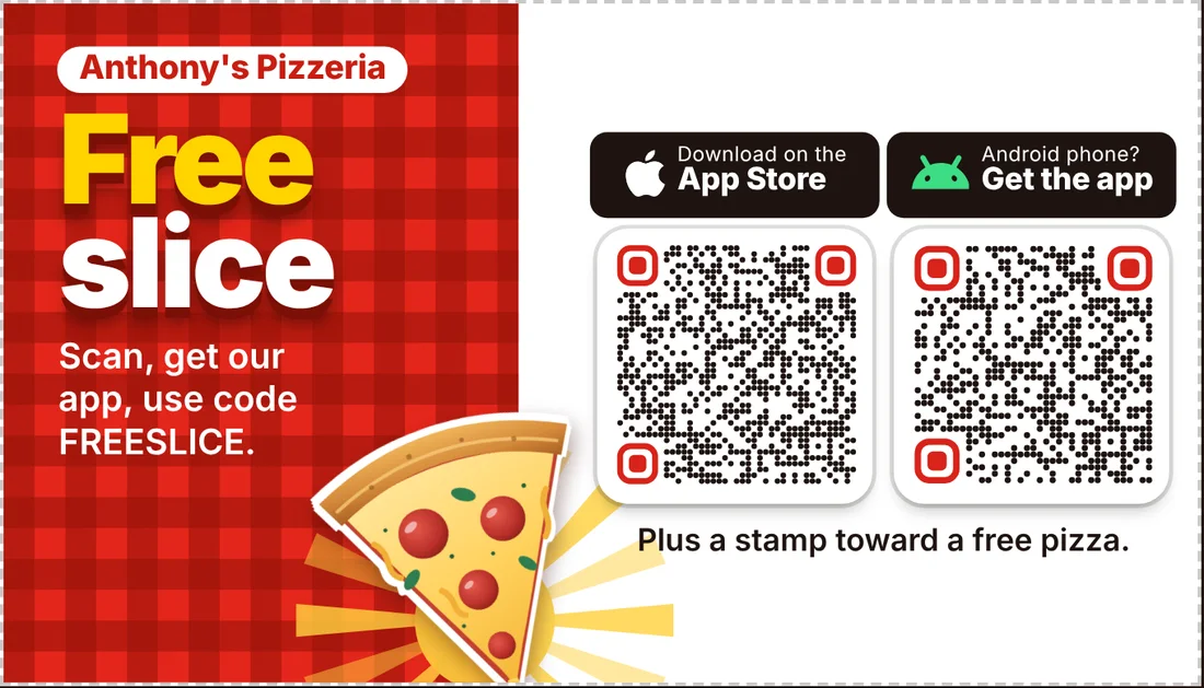 Anthony's Pizzeria bag insert card: free slice when you get the app, with App Store and Google Play QR codes