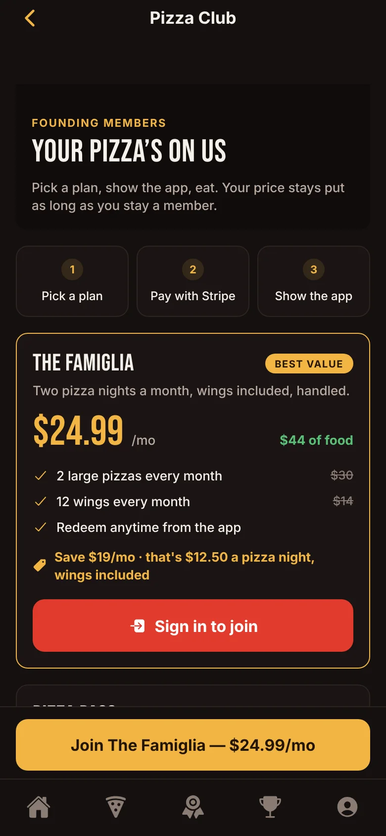 Anthony's Pizza Club screen in his app: The Famiglia at $24.99 a month with 2 large pizzas and 12 wings